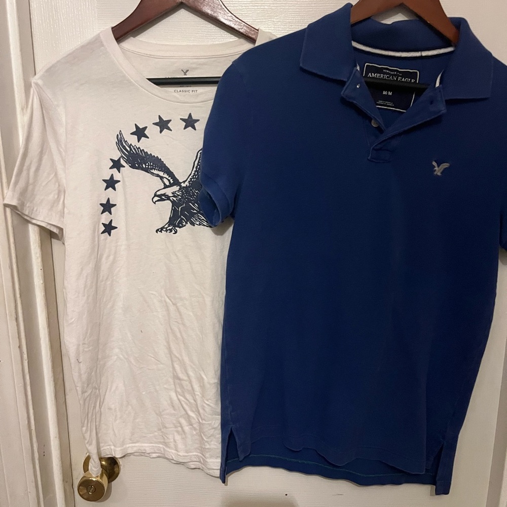 Vintage American Eagle Outfitters Blue Polo and White Graphic Tee